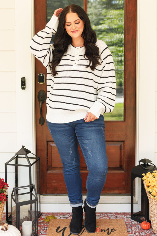 Chic Soul plus size clothing, ivory and black stripepd sweater soft with button detailing at neckline
