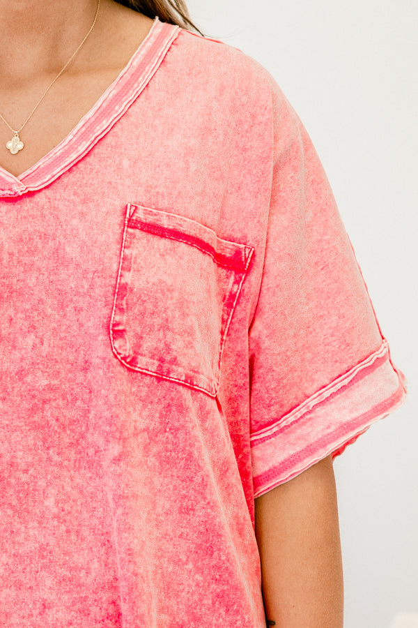 chic soul plus size clothing, pink acid wash tee-shirt with pocket on the left side of chest 
