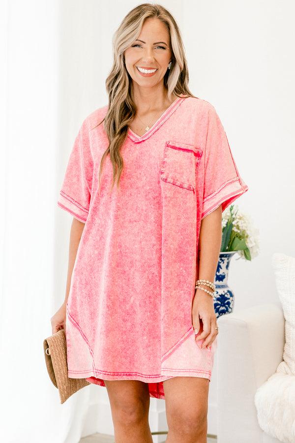 chic soul plus size clothing, pink acid wash tee-shirt with pocket on the left side of chest 