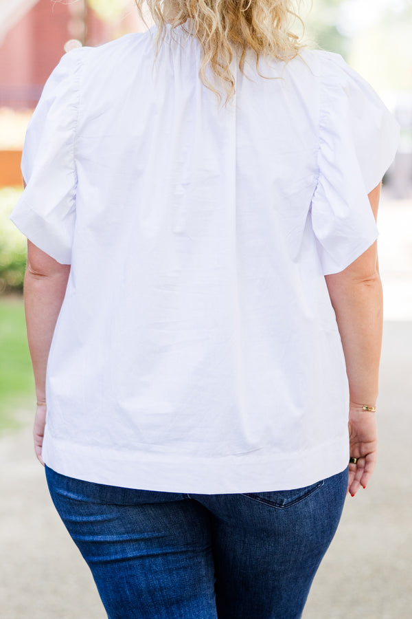 Chic Soul plus size clothing, short-flutter-sleeve white top with smocked neckline and sequined footballs scattered across top 