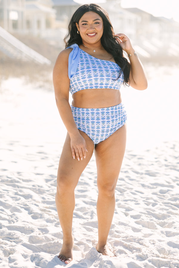 Chic Soul plus size clothing, blue floral one shoulder bikini top with a floral block pattern throughout and a blue striped bow that ties on top of the shoulder 
