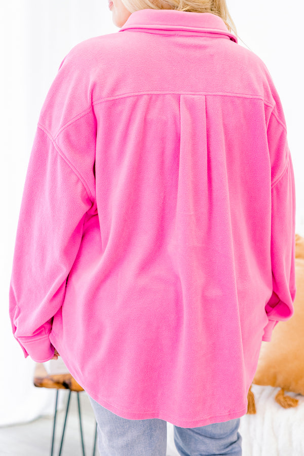 Chic Soul plus size clothing, bubblegum colored shacket with two pockets on the chest and black button details going down the center of the shirt and on the pockets 