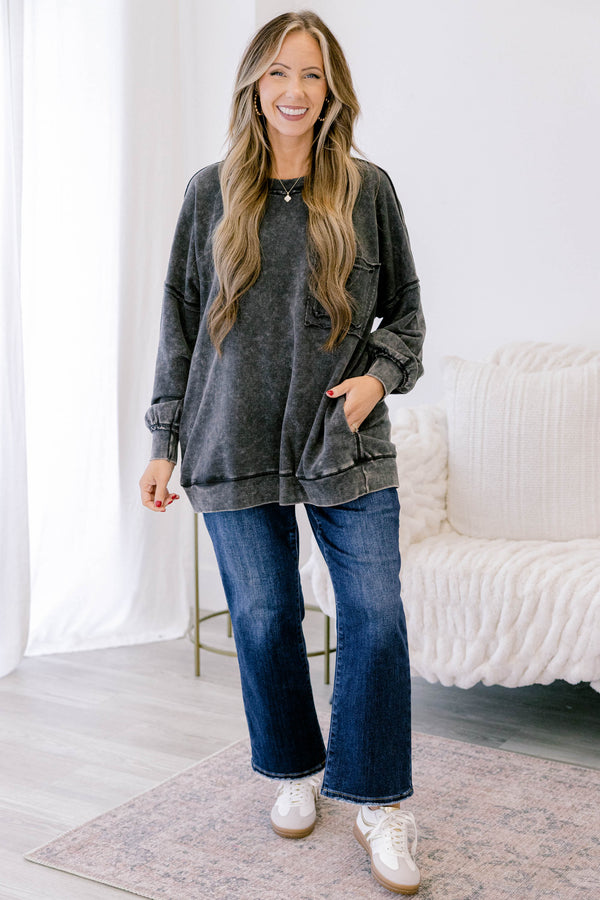 chic Soul plus size clothing, ash black pullover with an acid washed look as well as a front pocket on the left side of the chest 