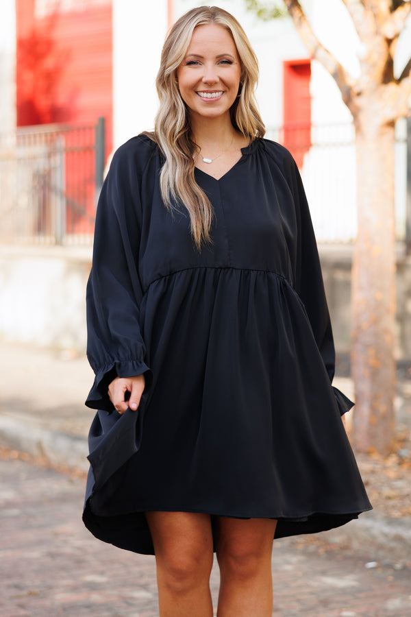 Chic Soul plus size clothing, black flowy babydoll dress with bubble sleeves