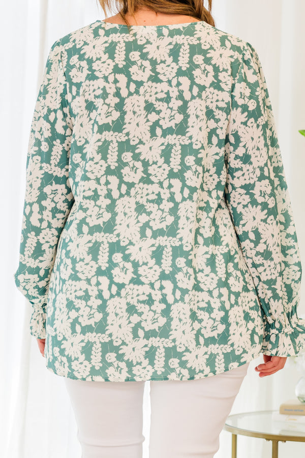 Chic Soul plus size clothing, teal long sleeve floral white print top with flutter sleeves with scoop neckline with tie detail
