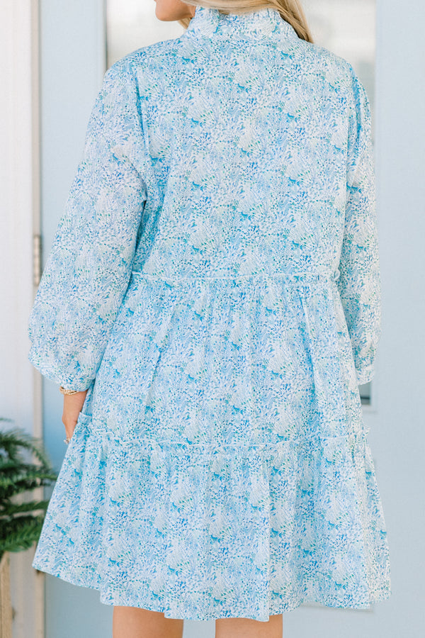 Chic Soul plus size clothing, blue floral patterned babydoll dress with ruffle details on neckline