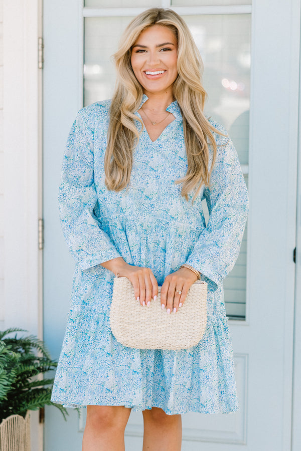 Chic Soul plus size clothing, blue floral patterned babydoll dress with ruffle details on neckline