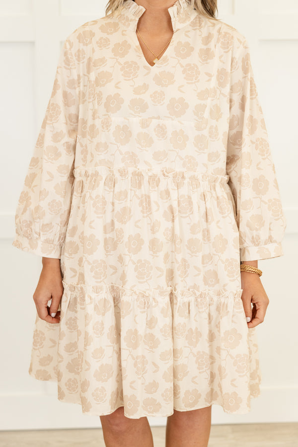 Chic Soul plus size clothing, cream long sleeve short tiered dress with darker cream floral pattern