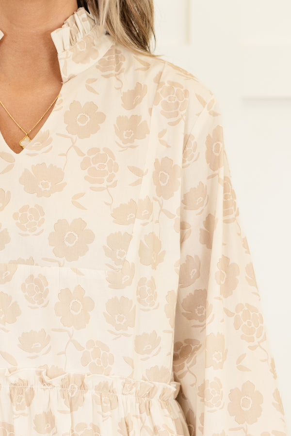 Chic Soul plus size clothing, cream long sleeve short tiered dress with darker cream floral pattern