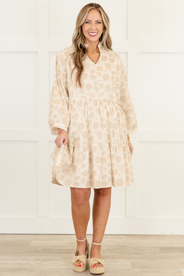 Chic Soul plus size clothing, cream long sleeve short tiered dress with darker cream floral pattern