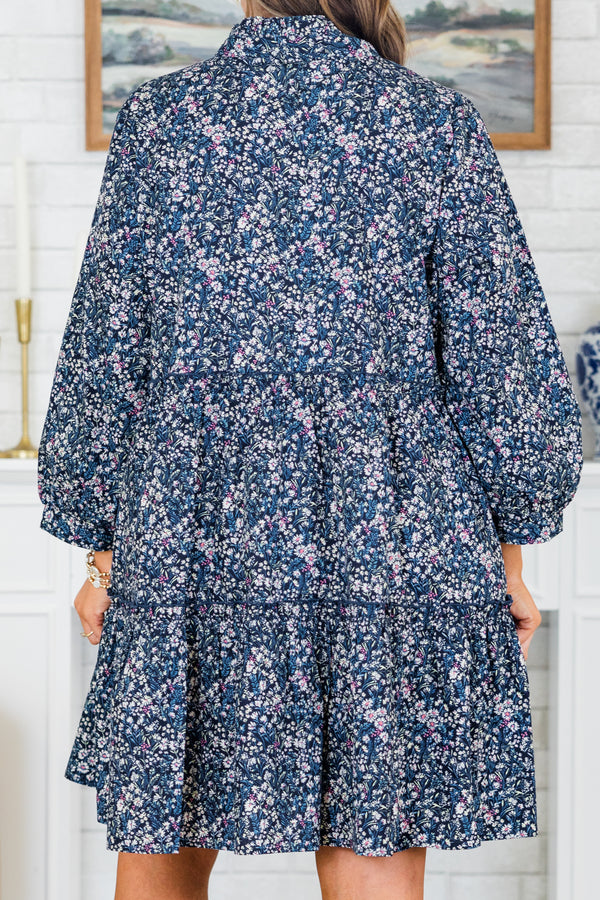 Chic Soul plus size clothing, long-sleeve dark blue babydoll dress with a split v-neckline and small floral print 
