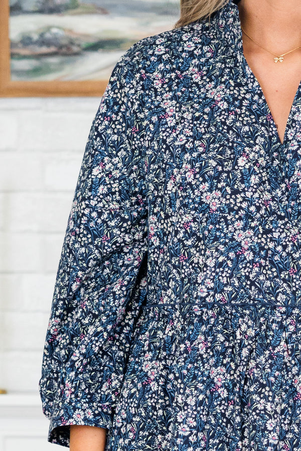 Chic Soul plus size clothing, long-sleeve dark blue babydoll dress with a split v-neckline and small floral print 