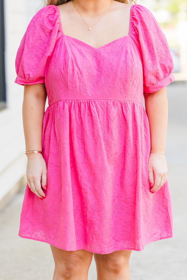 Chic Soul plus size clothing, hot pink short sleeve mini dress with puff sleeves and sweetheart neckline