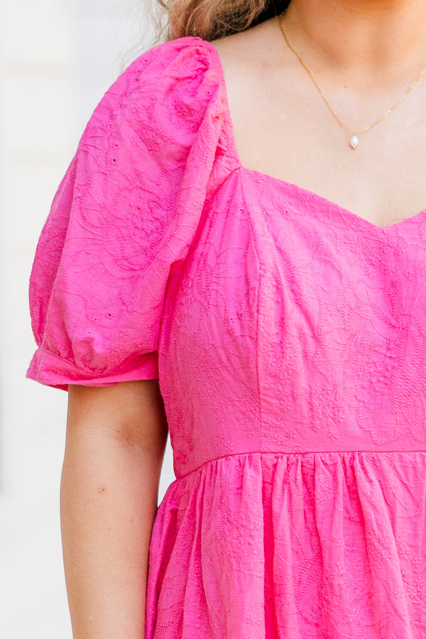 Chic Soul plus size clothing, hot pink short sleeve mini dress with puff sleeves and sweetheart neckline