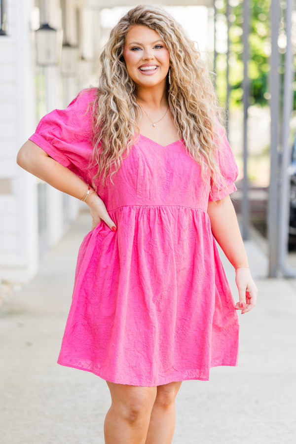 Chic Soul plus size clothing, hot pink short sleeve mini dress with puff sleeves and sweetheart neckline