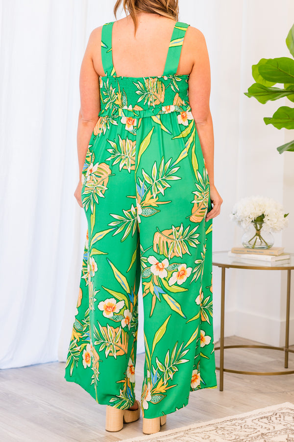 Chic Soul plus size clothing, green jumpsuit with tropical floral pattern and pockets