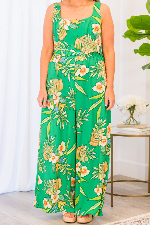 Chic Soul plus size clothing, green jumpsuit with tropical floral pattern and pockets