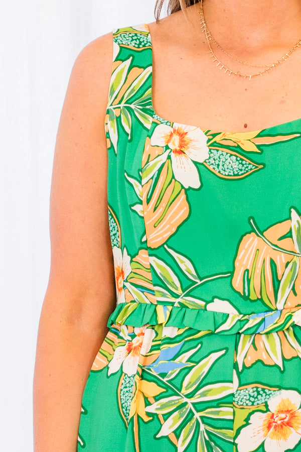 Chic Soul plus size clothing, green jumpsuit with tropical floral pattern and pockets