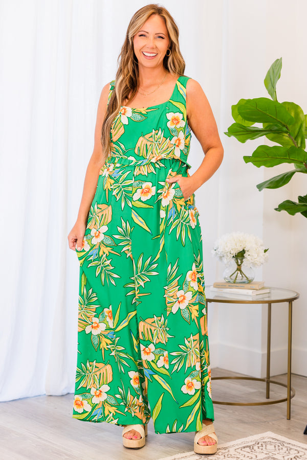 Chic Soul plus size clothing, green jumpsuit with tropical floral pattern and pockets