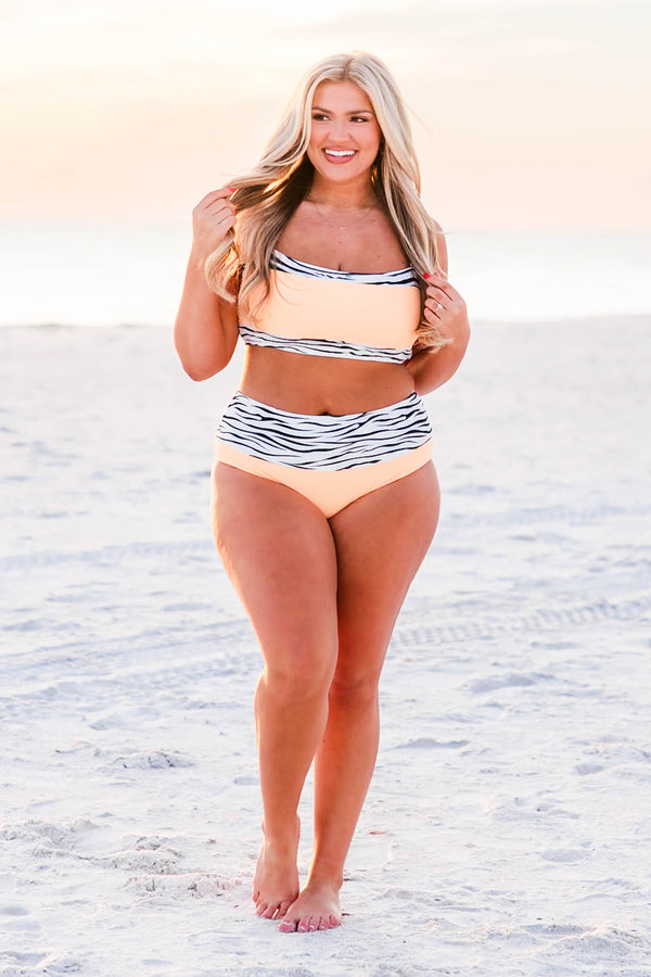 Chic Soul plus size clothing, orange bikini top with spaghetti straps with zebra outlining
