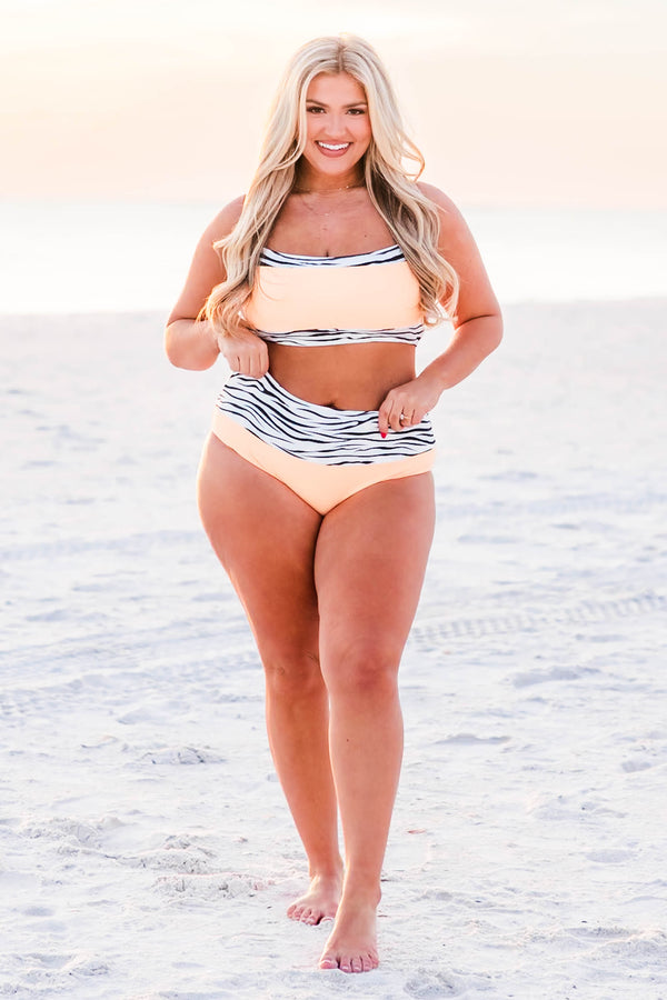 Chic Soul plus size clothing, orange bikini top with spaghetti straps with zebra outlining