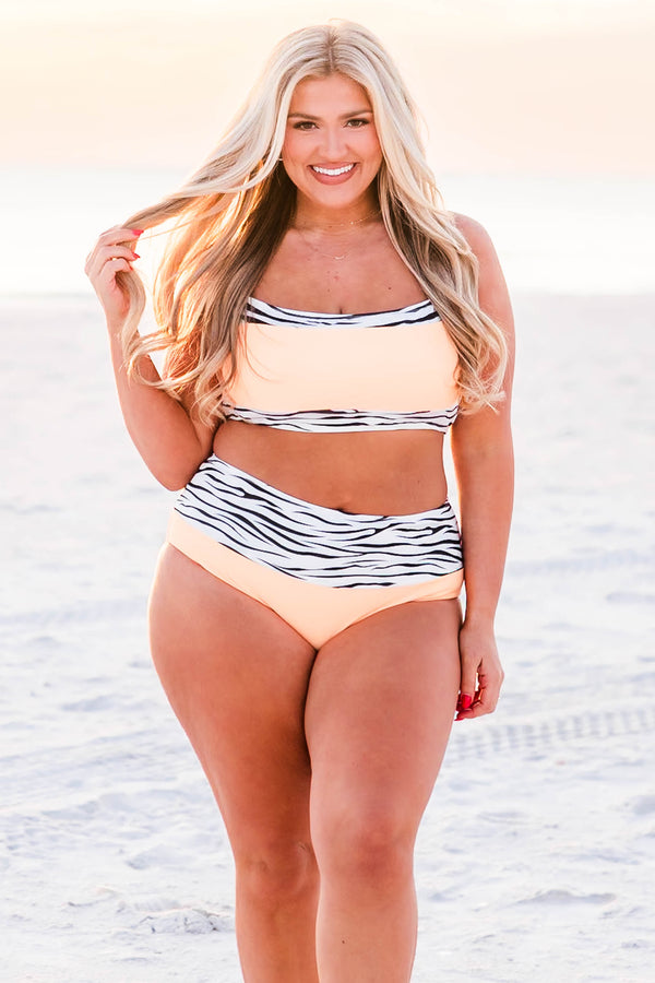 Chic Soul plus size clothing, orange bikini top with spaghetti straps with zebra outlining
