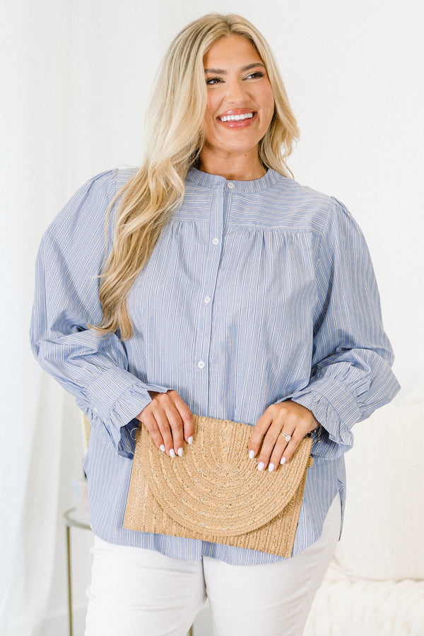 Chic Soul plus size clothing, long sleeve blue pin stripe button up top with cuffed sleeves with ruffle detail