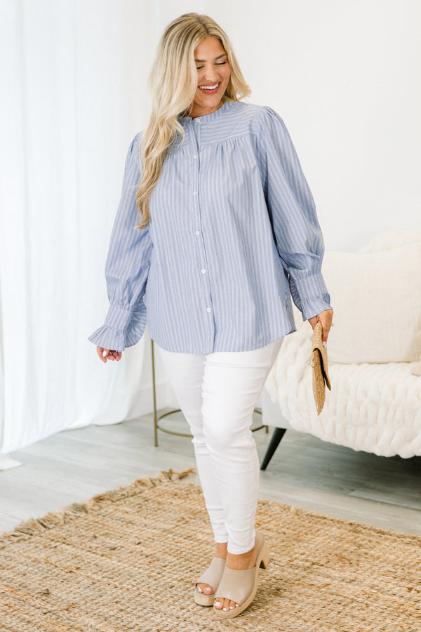 Chic Soul plus size clothing, long sleeve blue pin stripe button up top with cuffed sleeves with ruffle detail