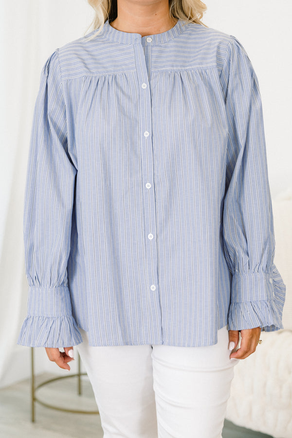 Chic Soul plus size clothing, long sleeve blue pin stripe button up top with cuffed sleeves with ruffle detail