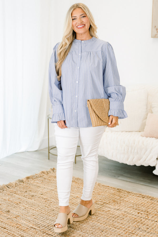Chic Soul plus size clothing, long sleeve blue pin stripe button up top with cuffed sleeves with ruffle detail