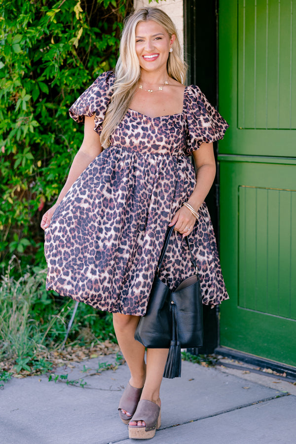 Chic Soul plus size clothing, leopard bubble dress with a square neckline and bubble sleeves 