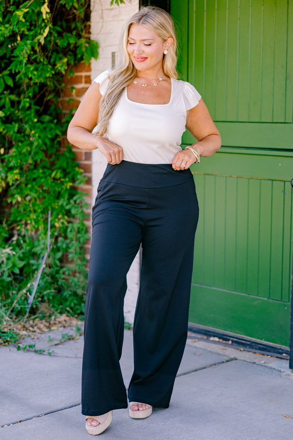 Chic Soul plus size clothing, black pants that have a straight fit and a thick waistband 
