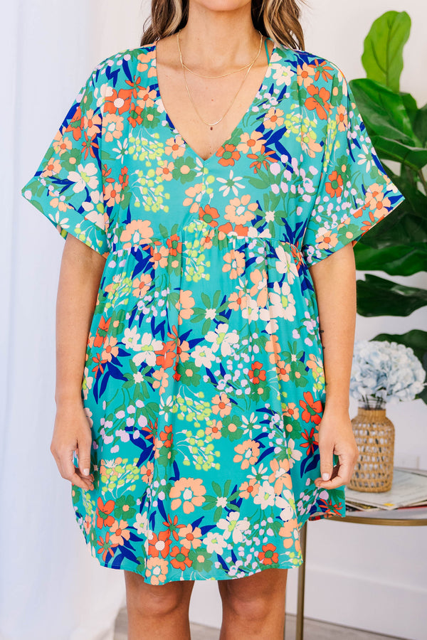 Chic Soul plus size clothing, green babydoll dress with multicolor floral pattern and a v neck