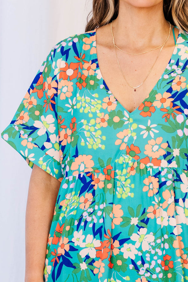 Chic Soul plus size clothing, green babydoll dress with multicolor floral pattern and a v neck