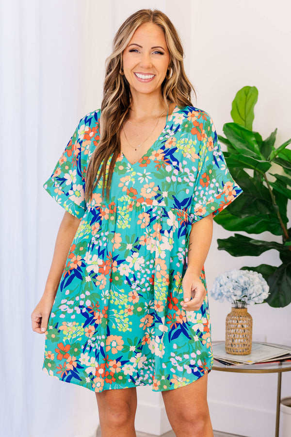 Chic Soul plus size clothing, green babydoll dress with multicolor floral pattern and a v neck