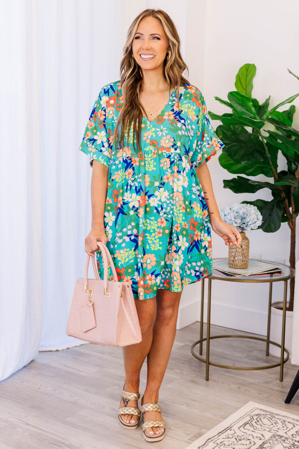 Chic Soul plus size clothing, green babydoll dress with multicolor floral pattern and a v neck