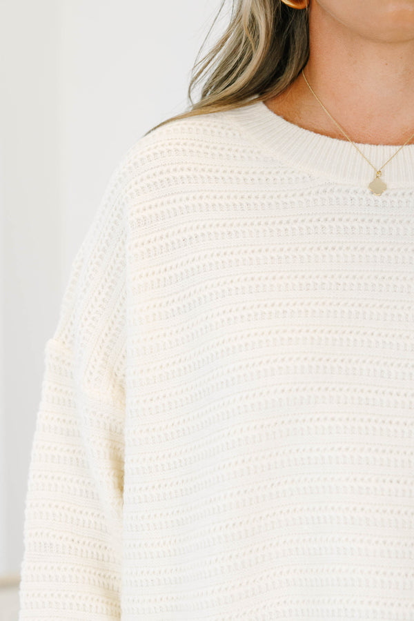Plus Size cream crewneck sweater with a horizontal textured knit pattern and ribbed trim.