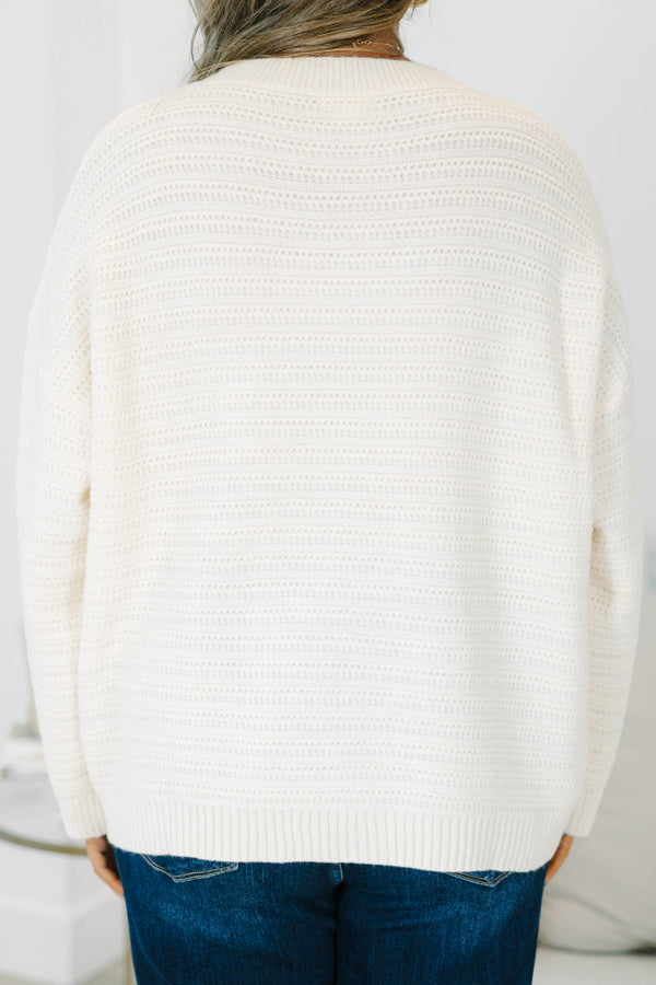 Plus Size cream crewneck sweater with a horizontal textured knit pattern and ribbed trim.