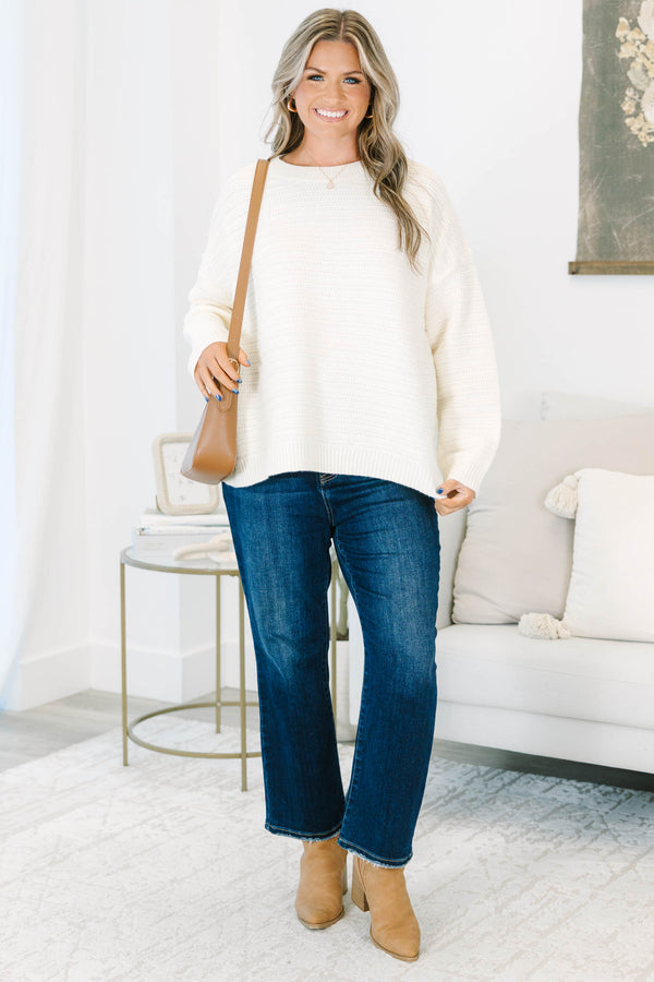 Plus Size cream crewneck sweater with a horizontal textured knit pattern and ribbed trim.