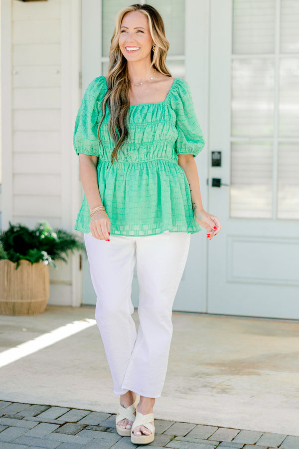 Chic Soul plus size clothing, bright emerald green short sleeve textured babydoll top