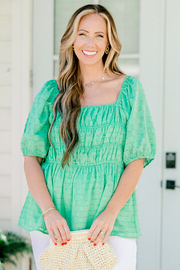 Chic Soul plus size clothing, bright emerald green short sleeve textured babydoll top