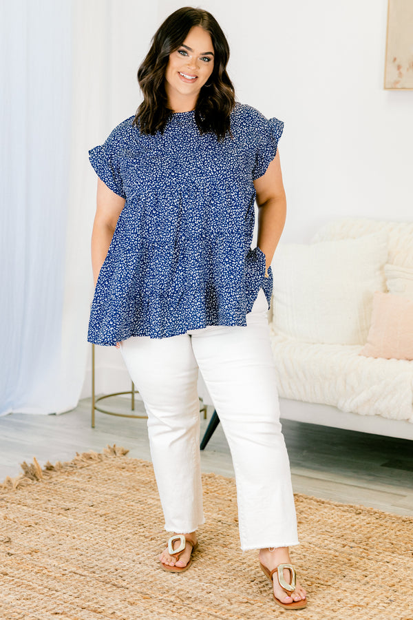 Chic Soul plus size clothing, Navy sort sleeves top with a leopard pattern