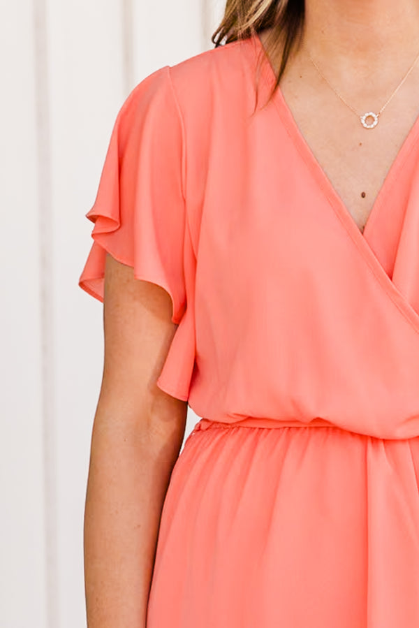 Chic Soul plus size clothing, sunset short sleeve mini dress with tie waist detail with v neckline and ruffle sleeves