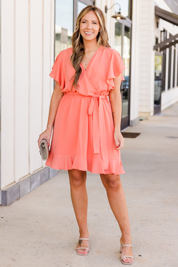 Chic Soul plus size clothing, sunset short sleeve mini dress with tie waist detail with v neckline and ruffle sleeves