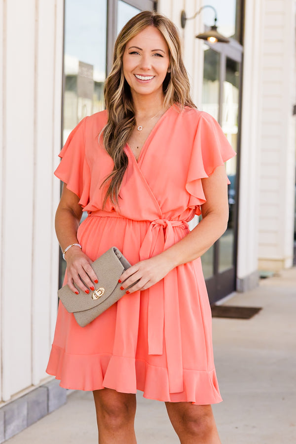 Chic Soul plus size clothing, sunset short sleeve mini dress with tie waist detail with v neckline and ruffle sleeves