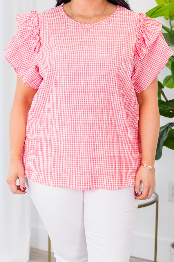 Chic Soul plus size clothing, coral top with short flutter sleeves and striped gingham pattern