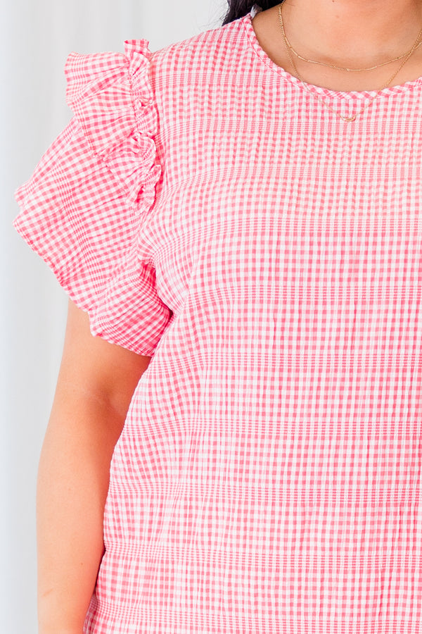 Chic Soul plus size clothing, coral top with short flutter sleeves and striped gingham pattern