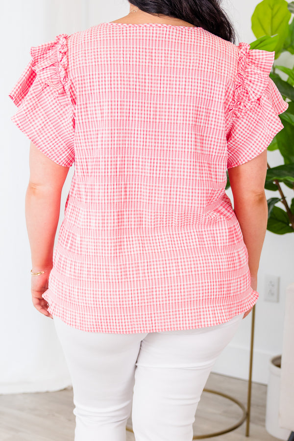 Chic Soul plus size clothing, coral top with short flutter sleeves and striped gingham pattern