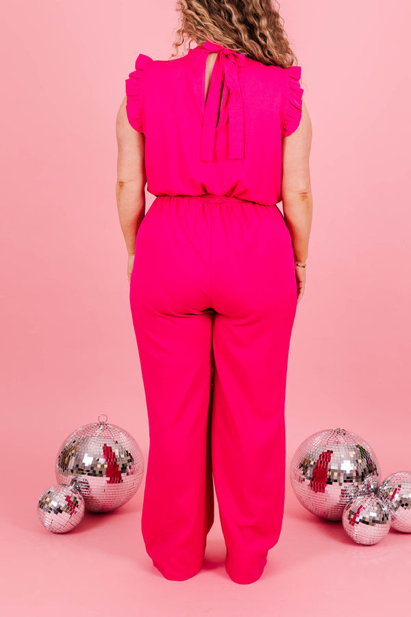 Chic Soul plus size clothing, fuchsia colored jumpsuit with tie at waist and ruffled details on neckline and sleeves