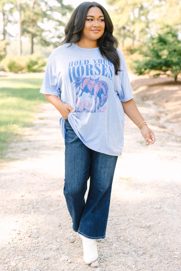 Plus size cornflower blue acid wash relaxed tee with a vintage horse graphic.
